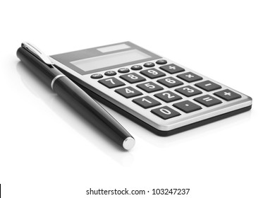 Calculator And Pen Isolated On White Background