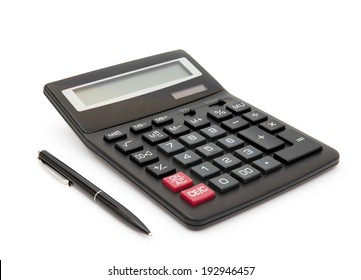 Calculator And Pen Isolated On White Background