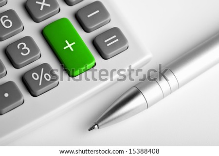 calculator and pen. plus button colored green