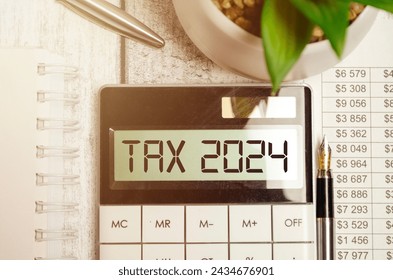 Calculator with TAX 2024 on display over financial papers with green plant. Tax preparation and budgeting concept for new fiscal year