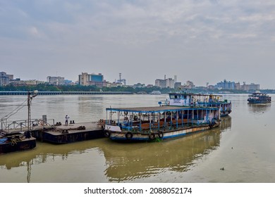 Calcutta, India - November 12 2021: Boat Tethered To A Pontoon At Howrah Ferry Ghat