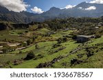 Caldera Cirque de Cilaos, fields in Cilaos, UNESCO World Heritage Site, behind the Cilaos, La Reunion
