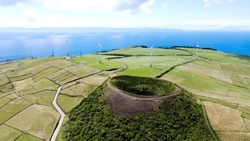 The Caldera Volcano And Windfarm At Serra Branca, Graciosa Island, Azores, Drone Photo