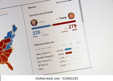 CALDWELL, IDAHO - NOVEMBER 9, 2016: Bing Showing The Electoral College Votes As Well As Percentage Of Popular Vote