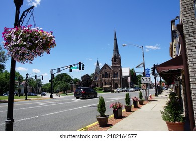 Caldwell, New Jersey, USA - June 19, 2022: Streetscape of Bloomfield Avenue in downtown Caldwell