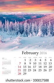 Calendar 2016. February. Colorful Winter Landscape In The Mountains 