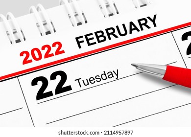Calendar 2022  February 22 and red pen  - Shutterstock ID 2114957897