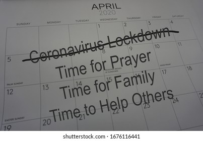 Calendar Of April 2020 With One Theme Of Coronavirus Lockdown.  To Do During Covid-19 Closures And Lockdown With Neighbors And Kids Out Of School.  Pray, Stay Healthy                           