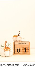 Calendar With Date November 1. Fabric Pumpkins Next To The Date November 1 On A White Background. All Saints Day. Public Holiday.