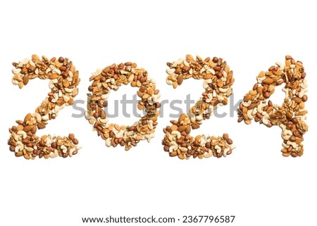 Calendar header number 2024 made of mixed nuts on a white background. Happy New Year 2024 colorful background.