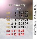 calendar for January 2025 with photo of hoar-frost shining in the sun. calendar for winter month with photo snow. Monthly planner. January calendar for 2025. Daily organizer. Monday start