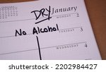 Calendar marked to indicate that January is Dry January - a month to stay sober and alcohol-free.	                              