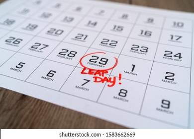 Calendar with marking in red ink of leap day: 29 february. With handwritten text of leap day. Close up with small depth of field.