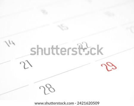 Calendar with number 29 in red  showing the last day of february in a leap year