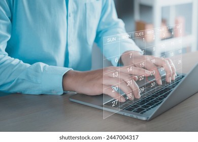 Calendar on the virtual screen interface. Businessman manages time for effective work.  Highlight appointment reminders and meeting agenda on the calendar. Schedule management concept.