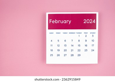 Calendar page february 2024 on pink color background.