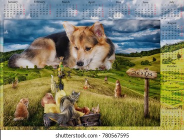 Calendar for the year 2018. Format A3. Photo of humor. Big dog. Cats from all around the city gathered to congratulate the dog with the Year of the Dog.