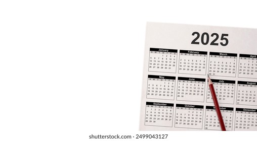 Calendar Year 2025 schedule with blank note for to do list on paper background. Flat lay with calendar, pencil on calander 2025. page of calendar 2025. isolated on white - Powered by Shutterstock