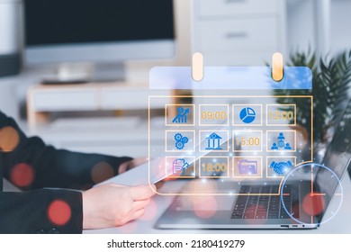 Calender Planner Organization Management Remind Concept,Person Using Calendar On Computer To Improve Time Management, Plan Appointments, Events, Tasks And Meetings Efficiently, Improve Productivity.