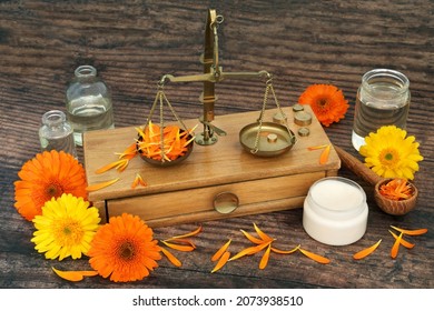 Calendula flower preparation for natural skincare remedy with brass apothecary scales, ointment and oil bottles. Heals wounds, acne, eczema, stimulates collagen, is antiseptic and anti inflammatory.