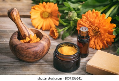 Calendula products. Essential oil, ointment and a mortar on a wooden table, fresh blooming calendula background,
