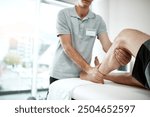 Calf, man or physiotherapist with leg rehabilitation in office for knee injury for orthopedic support. Small business, mobility help or professional pt with physiotherapy service for muscle recovery