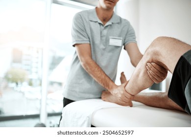 Calf, man or physiotherapist with leg rehabilitation in office for knee injury for orthopedic support. Small business, mobility help or professional pt with physiotherapy service for muscle recovery