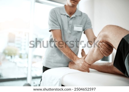 Calf, man or physiotherapist with leg rehabilitation in office for knee injury for orthopedic support. Small business, mobility help or professional pt with physiotherapy service for muscle recovery