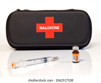 Calgary, AB - April 5, 2018:  Nalxone Kit Including Syringe And Vials Of Naloxone Which Is Used To Reverse The Effects Of An Opioid Overdose.