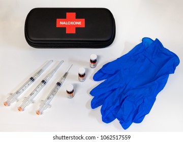 Calgary, AB - April 5, 2018:  Nalxone Kit Including Syringe And Vials Of Naloxone Which Is Used To Reverse The Effects Of An Opioid Overdose.