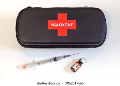 Calgary, AB - April 5, 2018:  Nalxone Kit Including Syringe And Vials Of Naloxone Which Is Used To Reverse The Effects Of An Opioid Overdose.