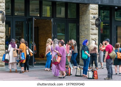 Calgary, AB, CAN - 07-20-2019:  Young People Congregating Outside The Pioneer Event Venue On Stephen Avenue In Downtown Calgary