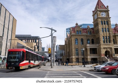 Calgary, AB, Canada - March 14 2022 : CTrain Stop At City Hall Station. Downtown Calgary.