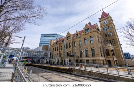 Calgary, AB, Canada - March 14 2022 : CTrain Stop At City Hall Station. Downtown Calgary.