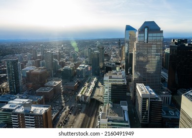 Calgary, AB, Canada - March 14 2022 : Aerial view of Downtown Calgary.