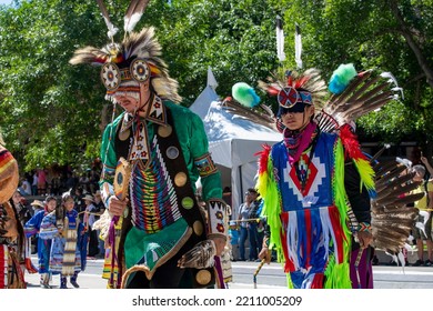 Calgary, AB, Canada-August 2022; Close Up Of Two Man In Colorful Outfit For Indigenous Culture Performance By Indians At Olympic Plaza During The Calgary Stampede Days