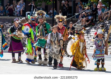 Calgary, AB, Canada-August 2022; Close Up Of Group Of Colorful Indians For Indigenous Culture Performance At Olympic Plaza During The Calgary Stampede Days