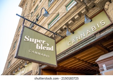 Calgary, Alberta - April 24, 2022: Superblend Cannabis store in downtown Calgary, Aberta.