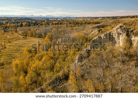 Calgary, Alberta, Canada - Bluff overlooking Dale Hodges Park and Bow River valley on an autumn afternoon