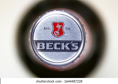 Calgary Alberta, Canada. Feb 13 2020. Top View Of A Beck's Crown Beer Bottle Caps