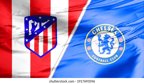 Calgary, Alberta, Canada. Feb 14, 2021. Atletico Vs Chelsea Flag Match Champions League. 