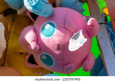 Calgary, Alberta, Canada - July 16, 2022: A Jigglypuff Pokemon Stuffed Plush Toy Offered As A Prize For Winning A Carnival Game