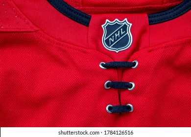 Calgary, Alberta, Canada. July 26 2020. A close up to a NHL logo on a Red hockey jersey.