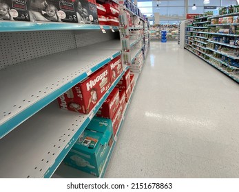 Calgary, Alberta, Canada. May 1, 2022. Empty Shelves At A Shoppers Drug Mart. Concept: Supply Shortage. 