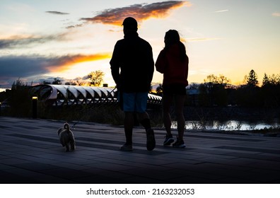 Calgary Alberta Canada, May 16 2022: A Couple In Love On A Date Night Walking A Puppy Along A Downtown Bike Path Near The Peace Bridge With Sunset Lighting.