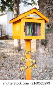 Calgary Alberta Canada, May 22 2022: A Home Made Free Library For Book Sharing In The Community Of Scenic Acres.