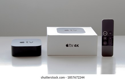 Calgary, Alberta, Canada. Nov. 19, 2020. An Apple TV 4k On A White Table.