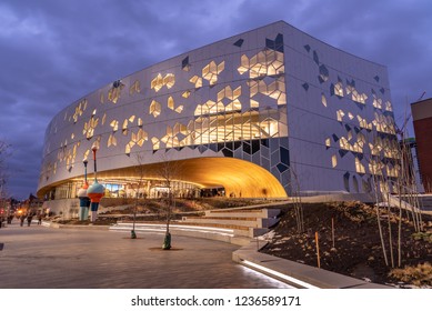 Calgary, Alberta Canada - November 18, 2018: Calgary`s brand new main public library in central Calgary. The library recently opened to great fanfare and contains many amenities as well as nice cafe.