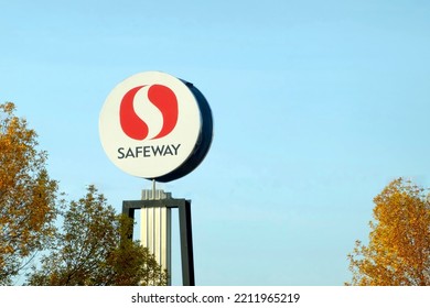 Calgary, Alberta, Canada. Oct 9, 2022. A Safeway An American Supermarket Chain Sign, During Fall On A Sunny Day