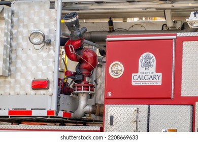 Calgary, Alberta, Canada. Sep 30, 2022. Close Up To A City Of Calgary Stamp Sticker, Fire Department Aerial Ladder Platform.